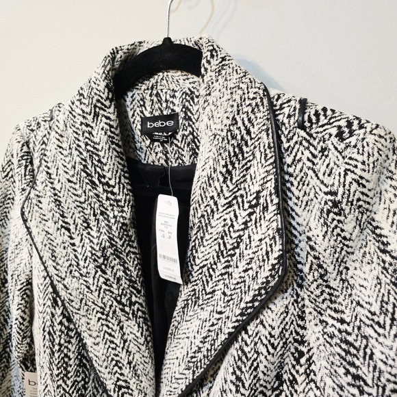 bebe B&W Herringbone Wrap Coat | Size Small |faux Leather Trim Belted Coat | NWT - Picture 4 of 13